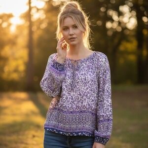 Lucky Brand Peasant Blouse Top Long Peplum Womens XS Indie Cottagecore Boho Purp